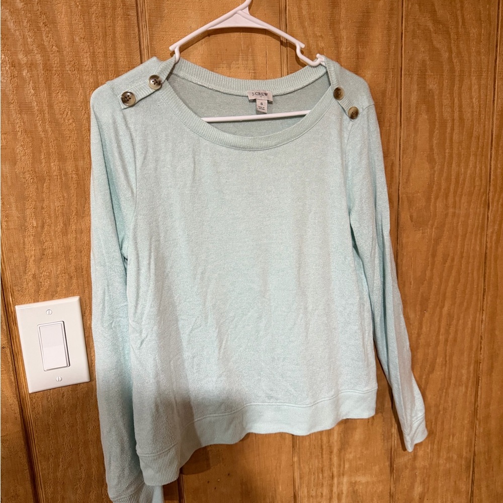 Women’s J Crew Mint Green Button-Shoulder Sweatshirt - Picture 2 of 6